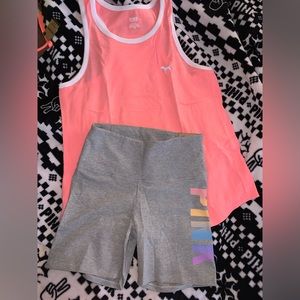 VS Pink 6” Cotton Biker Shorts Rainbow Gradient & Coral Flash Racerback Tank Top
